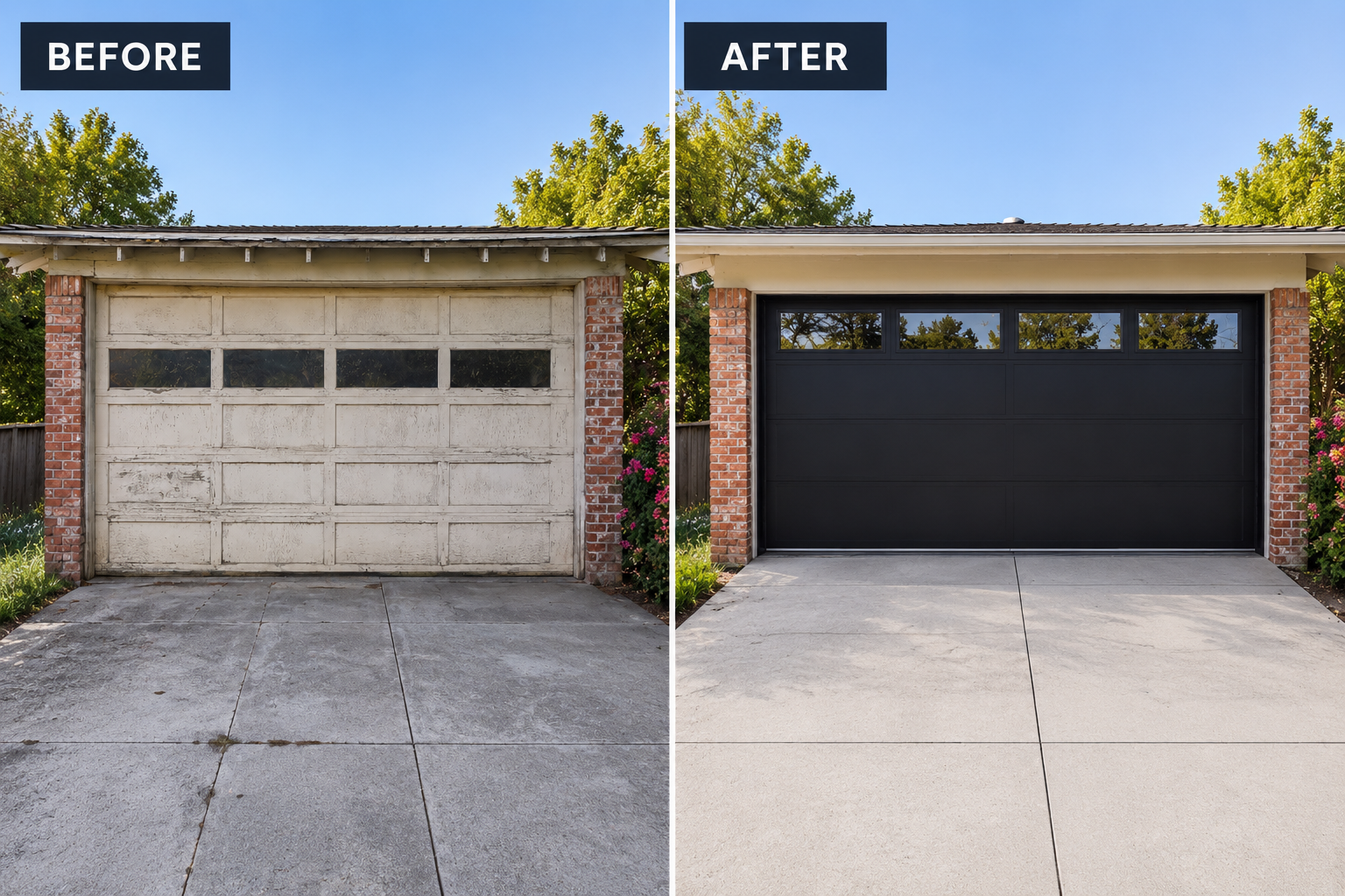Before and after industrial roll-up door replacement on a warehouse in the Pittsburg logistics corridor